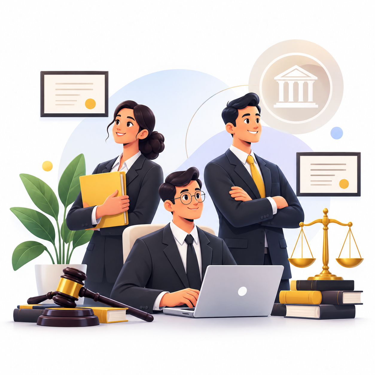 Illustration of a corporate legal team at work with documents, a laptop and the scales of justice
