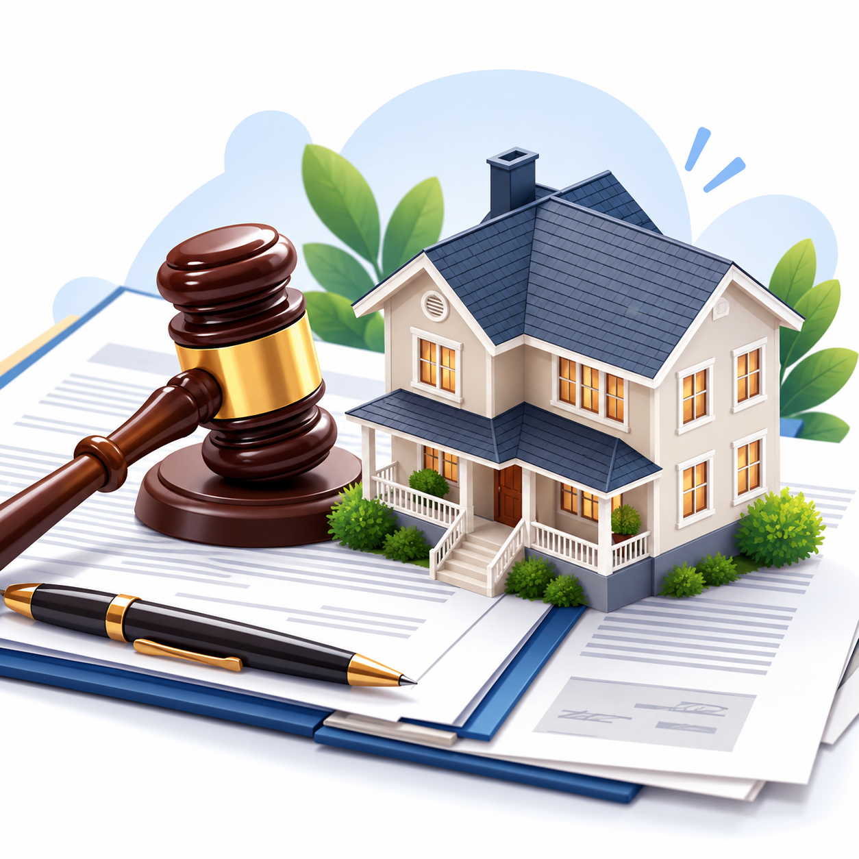 Illustration of a house split in two beside a gavel, legal books and documents